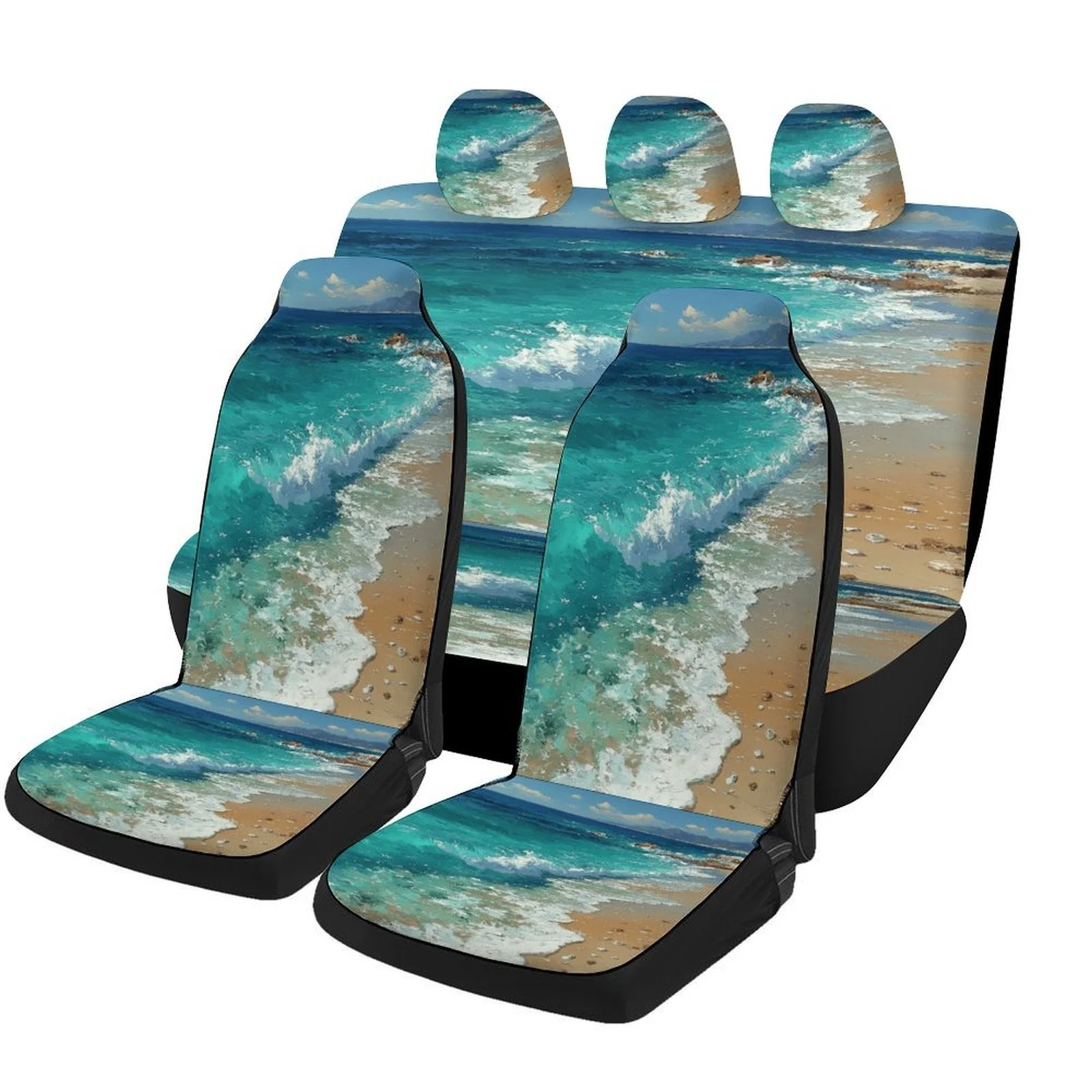 

Ocean Waves Beach Designed Car Seat Cover Set For Most Cars, Trendy Novelty High-quality Car Seat Protector Covers Full Set, Uni