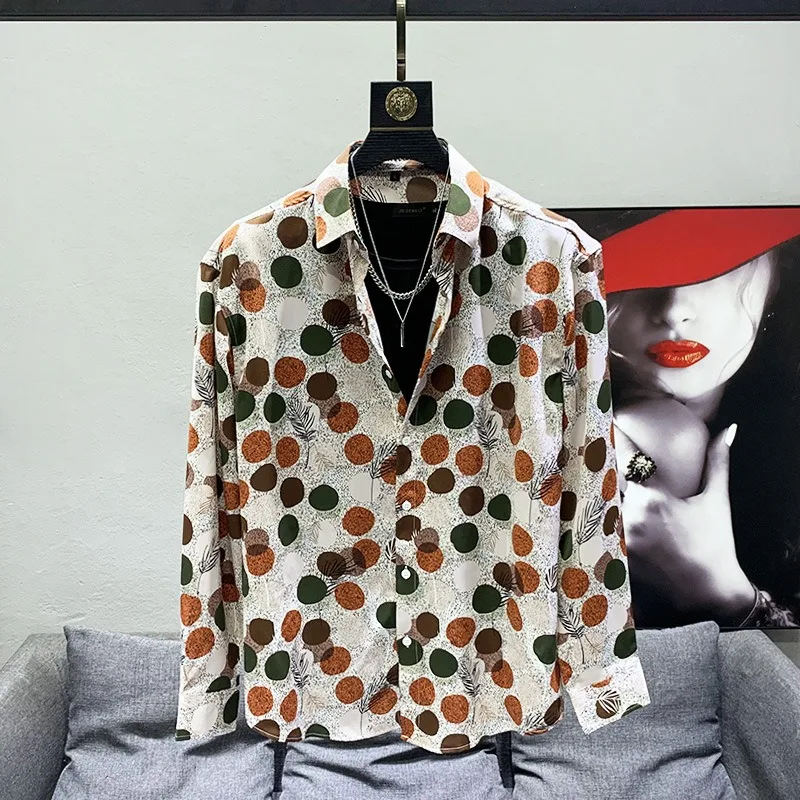 

Autumn Hong Kong-style Retro Pointed-neck Long-sleeved Full Polka Dot Prints Popular Versatile Loose Shirt Both Men and Women