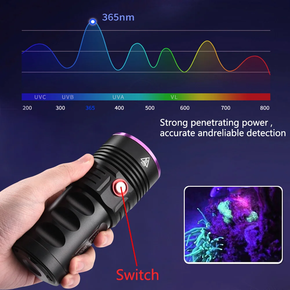 Linterna UV de 6 núcleos de 120W, lámpara UV de 365nm, espejo negro, linterna ultravioleta de 1 modo, Detector de escorpiones de insectos de cama, manchas de orina de mascotas