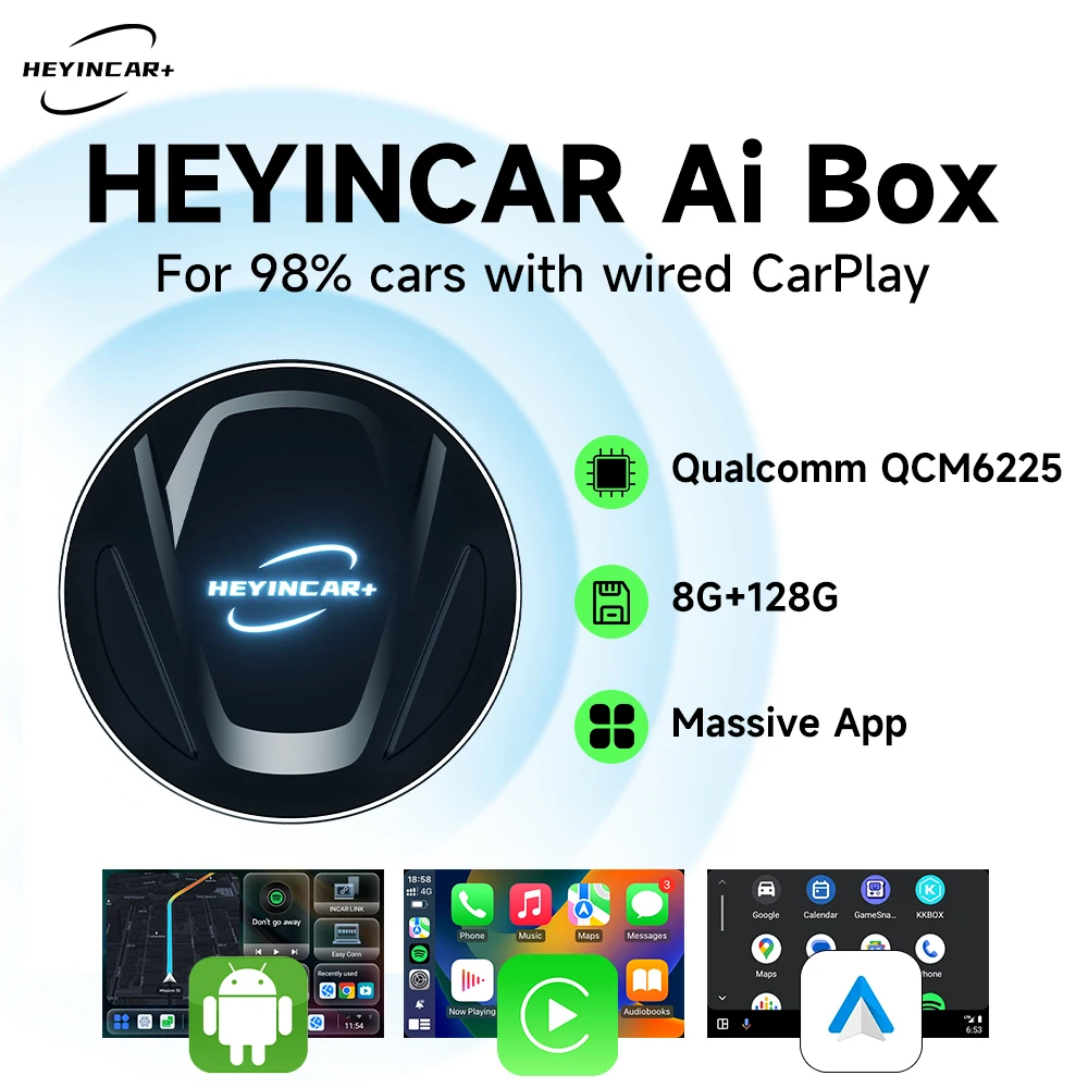 

HEYINCAR Wireless CarPlay Android Auto TV Box Android 14 AI Box QCM6225 GPS Supports Netflix, YouTube, IPTV and More Apps