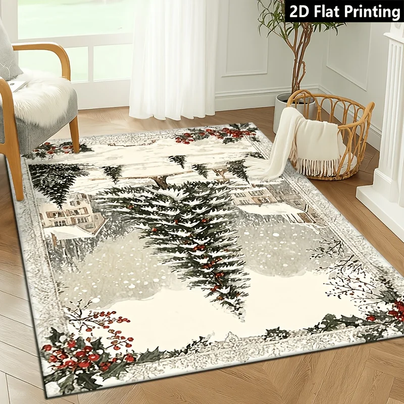 1pc Winter Snow Scene Area Rug, Soft Non-Slip Machine Washable, Red Green White Decor, for Living Room, Bedroom