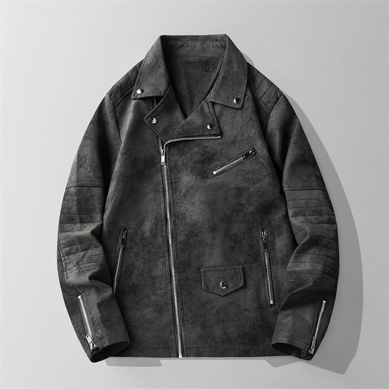 

New Mens Leather Jackets Solid Turn Down Collar Casual Slim Fit Motorcycle Pu Leather Jacket Men Multiple pockets Zipper Coat