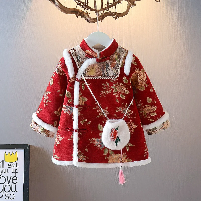 Winter Girls Clothing Kids Princess Tang Cheongsam Qipao Dress Embroidery Cotton-Pad Children Baby Red New Year Wear Vestidos