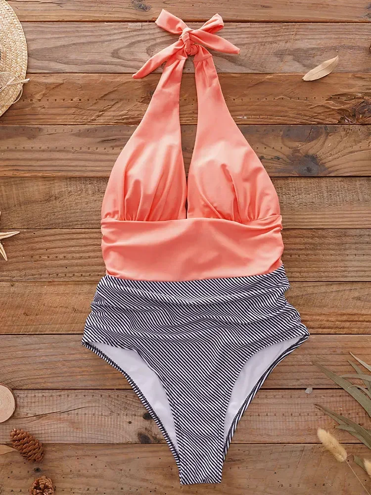 Sexy Girl One Piece Swimsuit Halter Deep V-neck Bathing Suit 2023 Women Striped Print Bodysuit Backless Summer Beachwear B425