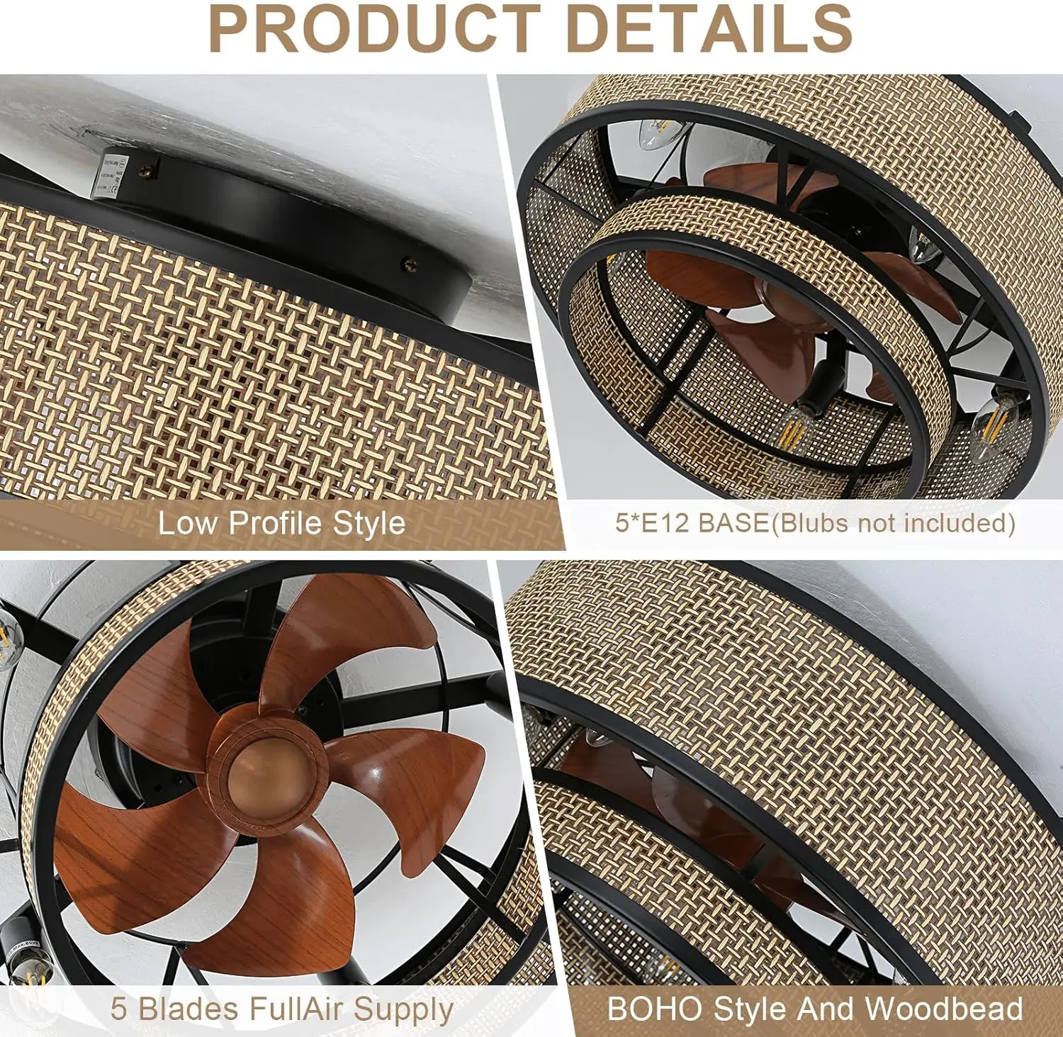 Boho Ceiling Fan with Light 6-Speed Low Profile Chandelier with Remote Control,Bladeless/Quiet DC Motor,for Bedroom Kitchen