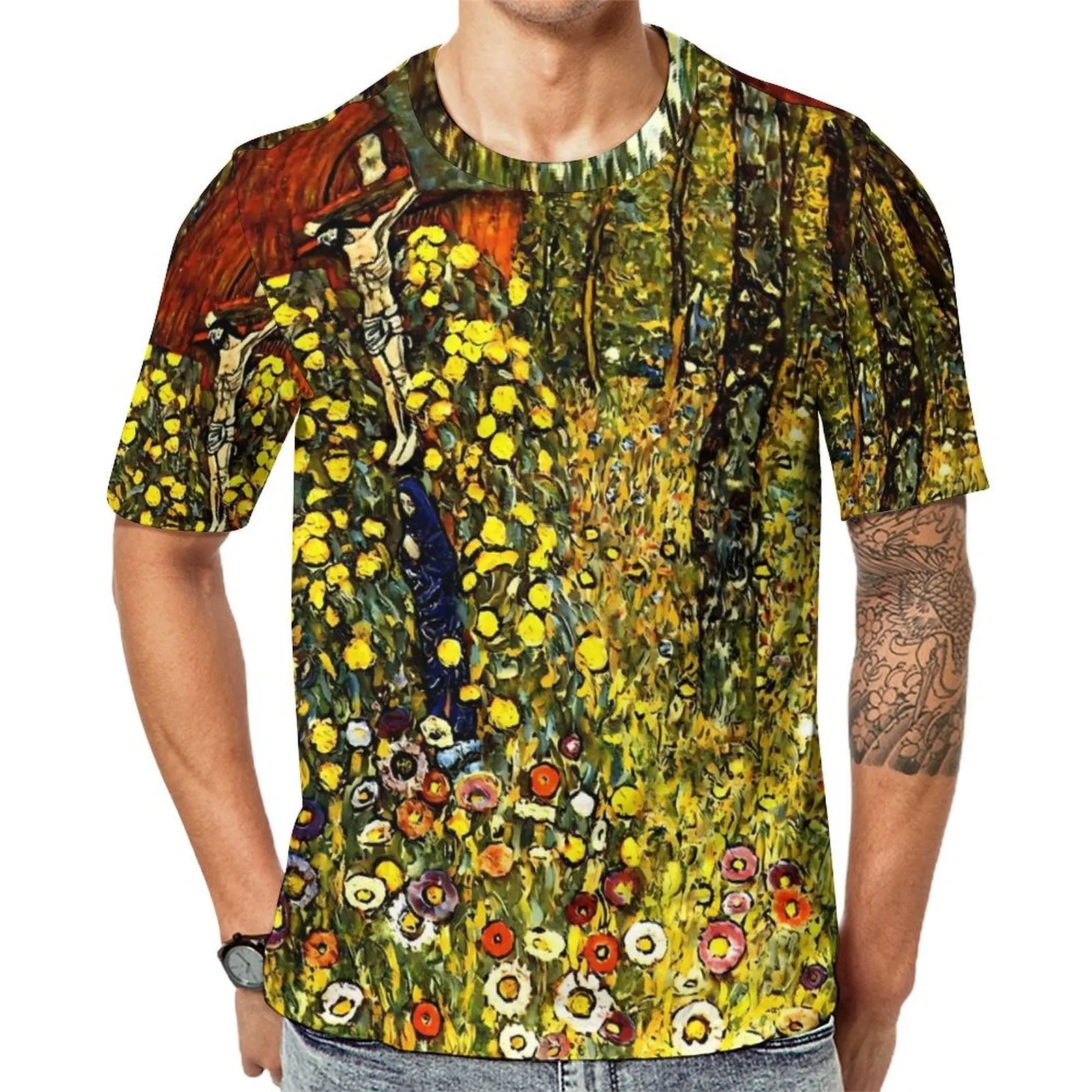 Gustav Klimt Art T-Shirt Farm Garden Hip Hop T Shirts Men Y2K Casual Tee Shirt Summer Short-Sleeved Graphic Clothing Plus Size
