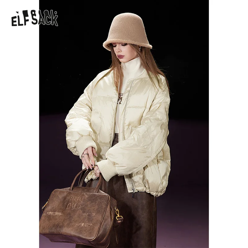 ELFSACK White Warm Down Coats Women 2023 Winter Loose Short Casual Coats