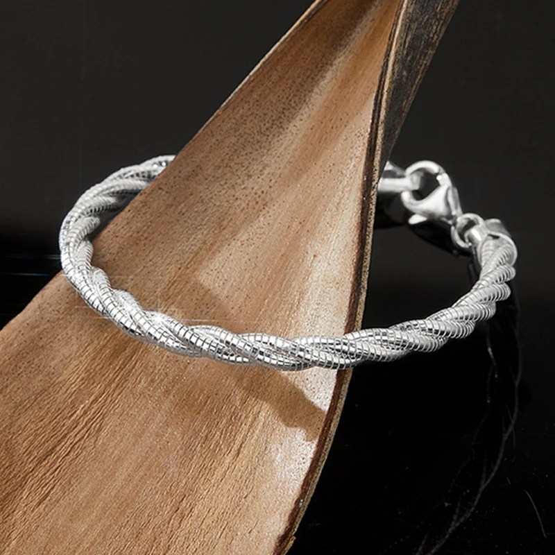 17.5CM Sterling Silver 925 Bracelet Real Silver Chain 925 For Women Three-Strand Fried Dough Twists Italy Luxury Bracelet Trend