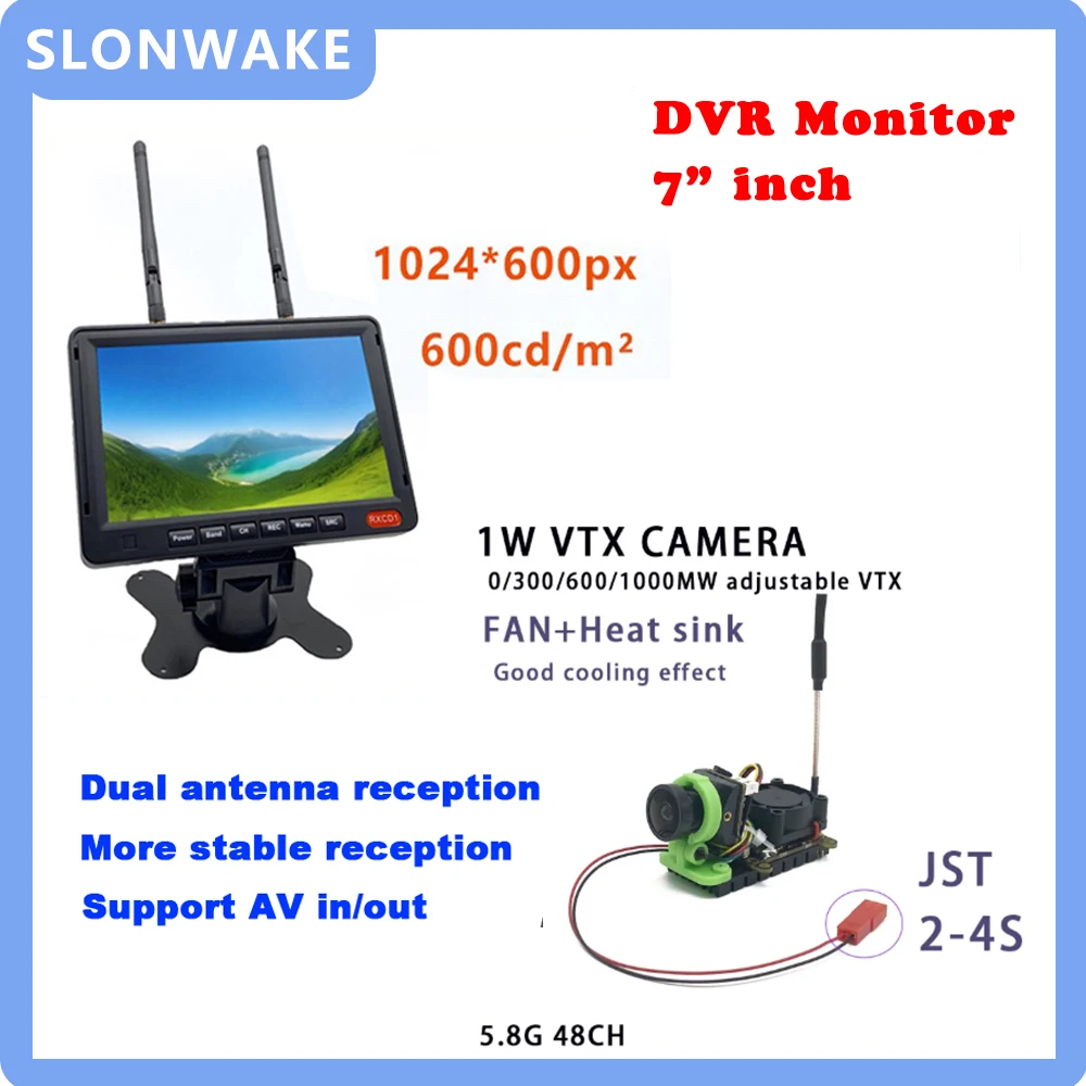 

SLONWAKE Long Range 1-5km 5.8G 48CH 1000mW adjustable VTX Transmitter and CMOS 1800TVL and 1024*600 7inch Monitor
