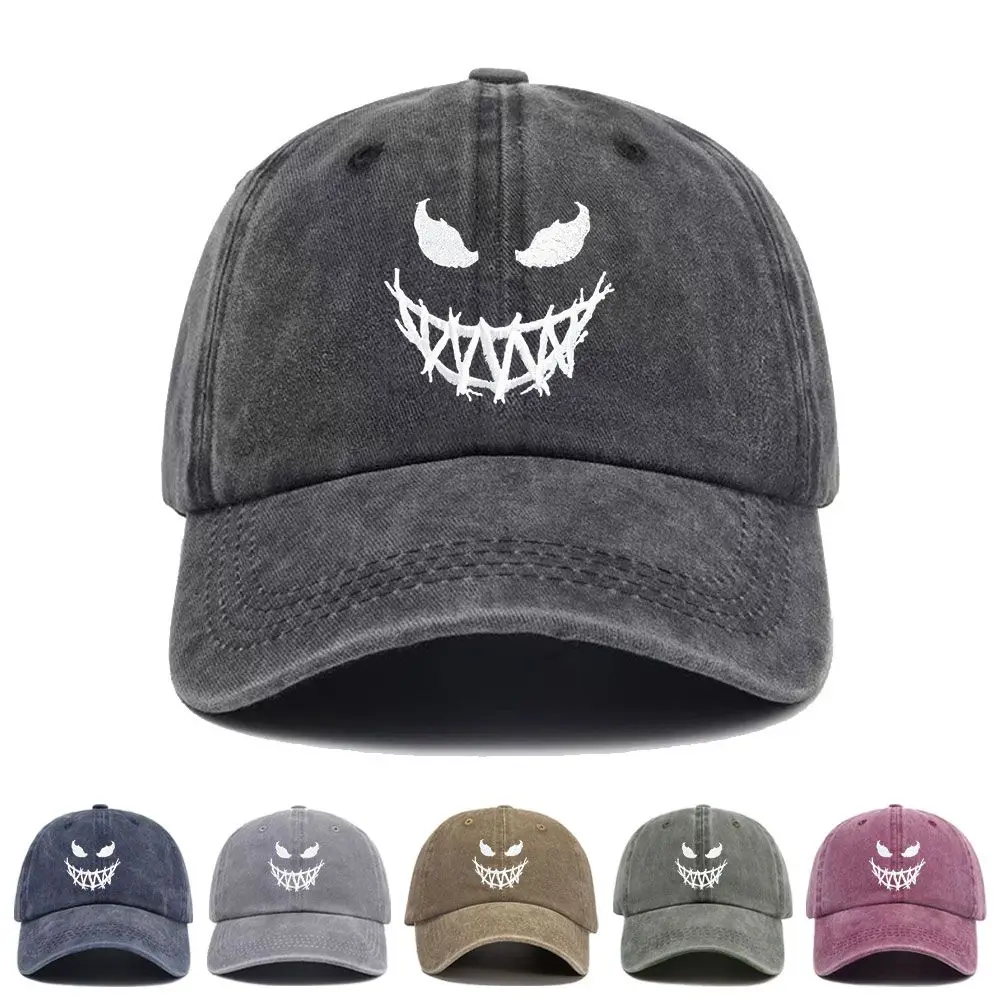 Vintage Washed Baseball Cap Terrifying Face Print Graphic Unisex Streetwear Casual Trucker Style Summer Cotton Sun Hat