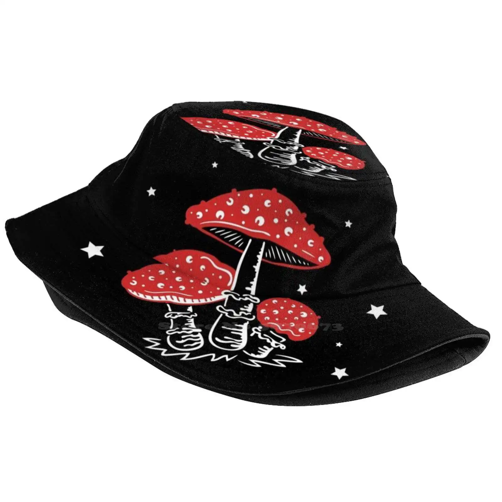 Mushrooms Fungi Fly Agaric Amanita Pattern Design Printed Travel Bucket Hats Mushrooms Fly Agarics Amanita Stars Mushroom