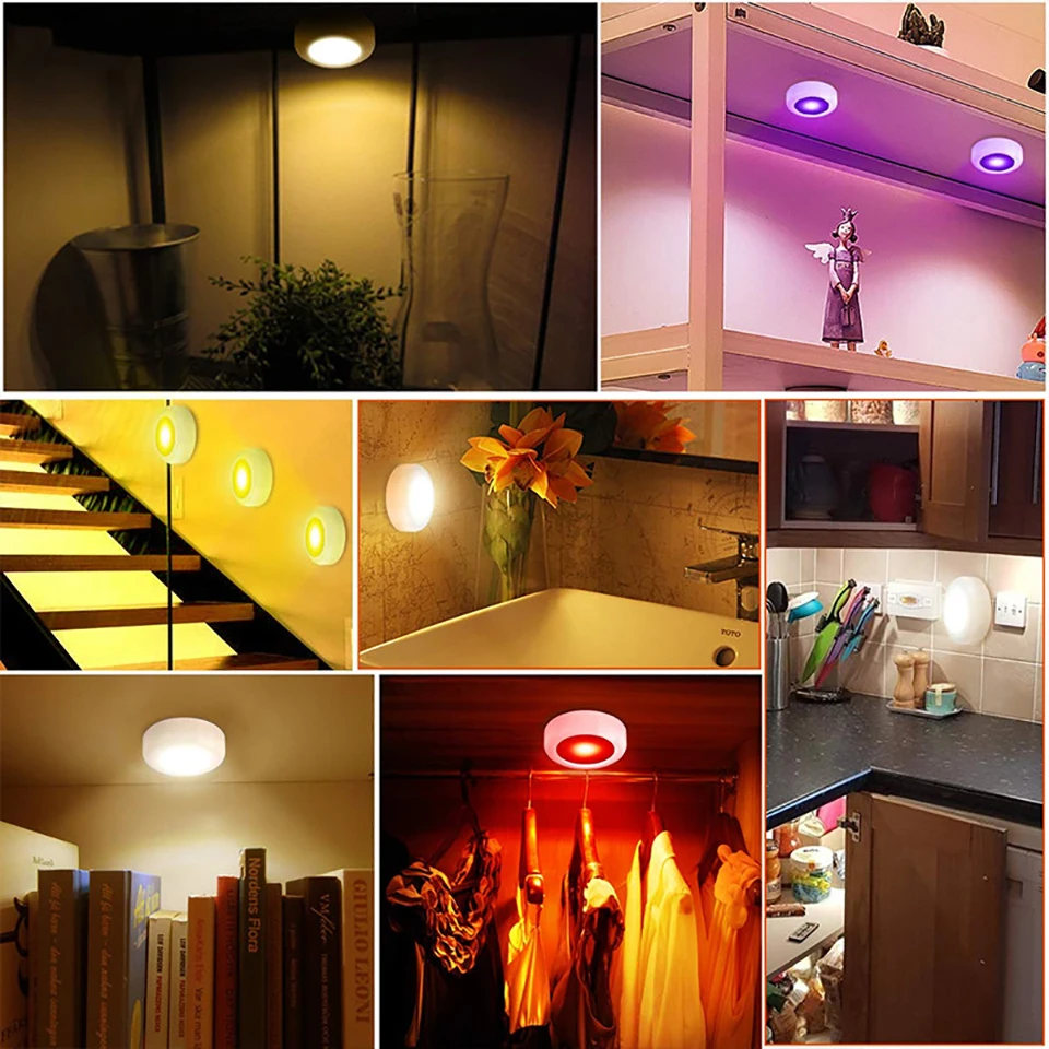 Battery Powered RGB Night Light Led Under Cabinet Lamp Puck Lights with Remote For Home Wardrobe Kitchen Display Case Decoration