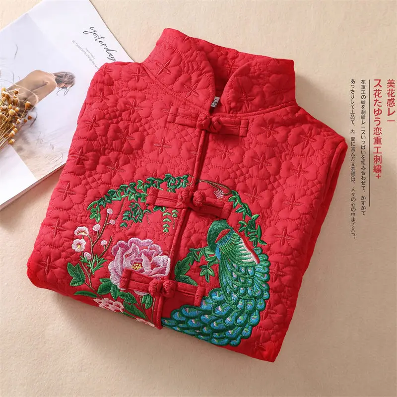 Retro-Stehkragen-Knopf-Baumwolljacke für Damen, große Größe, Tang-Anzug-Stil, ethnisch bestickter Kurzmantel im Herbst/Winter G026