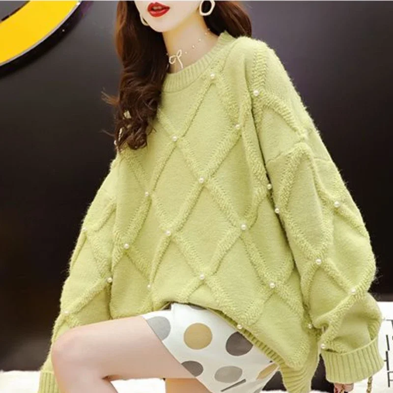 Pullovers Women Beading Temper Autumn Sweater O-neck Loose Cozy Korean Style Classic Fashion Knitted Streetwear Ladies All-match