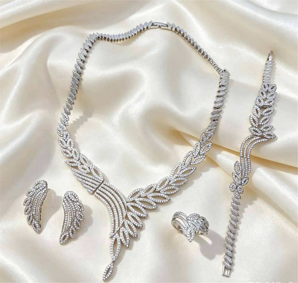 Flora Luxury Silver Plated Copper Women Jewelry Set Zircon Necklace Earrings Bracelet Ring for Bridal Wedding