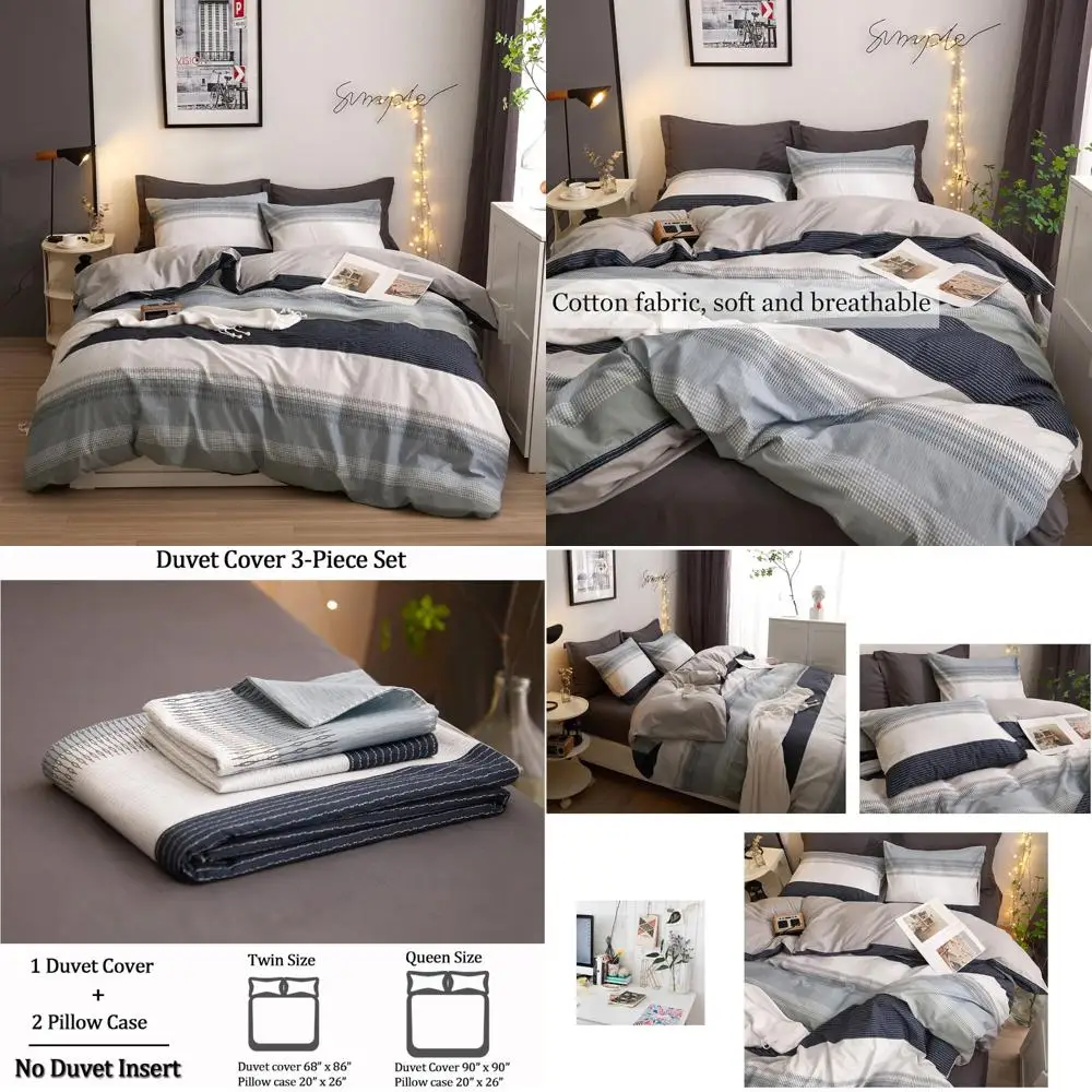 

Gray Blue Striped Modern Geometric Duvet Cover Set for Teen Boys and Men - 100% Cotton, Lightweight and Reversible