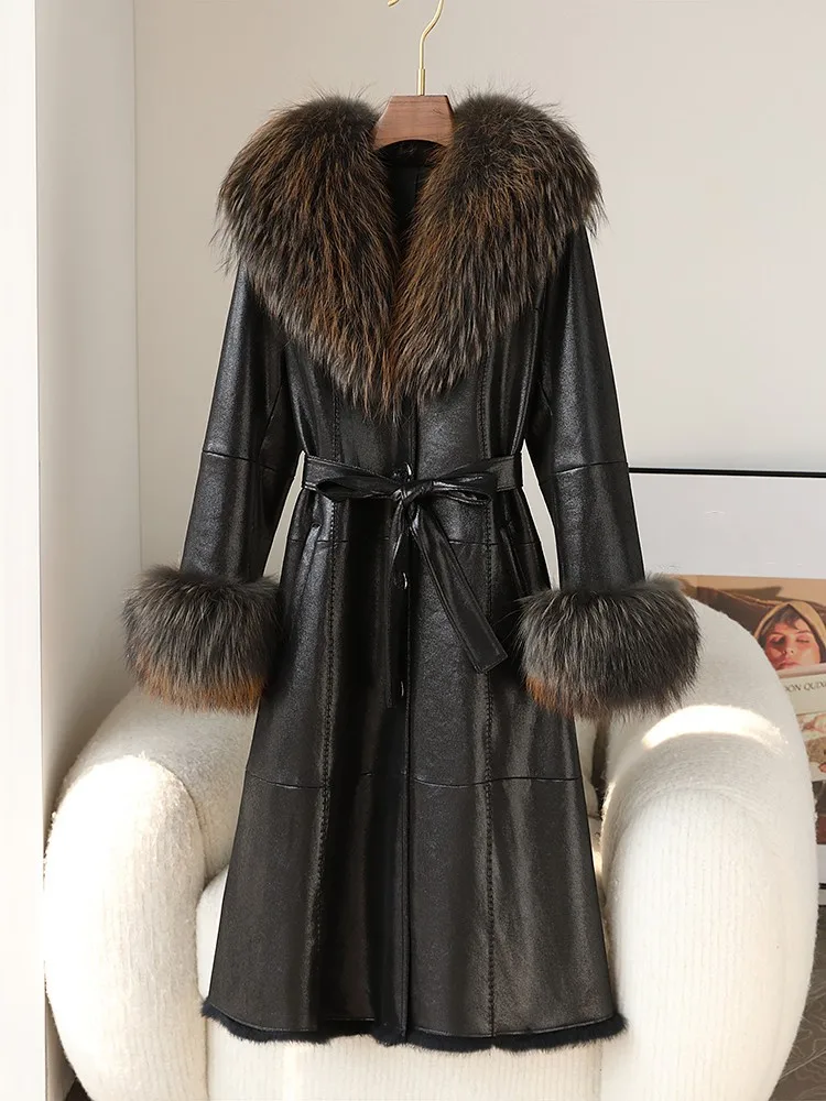 Office Ladies Luxury Real Rabbit Fur Overcoat Raccoon Fur Collar Warm Lining Long Coat Single Breasted Belt Elegant Women Jacket