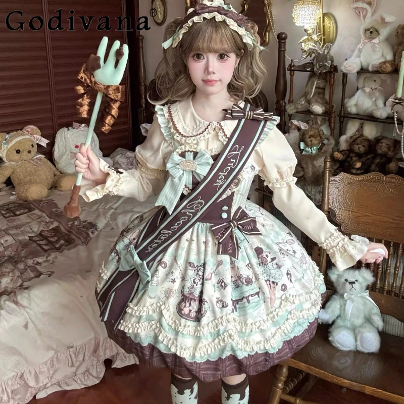 

Japanese Kawaii Lolita Style Dress Spring and Summer Soft Girls Lo Cute Bow Print Y2k Birthday Party Dress Vestidos De Mujer