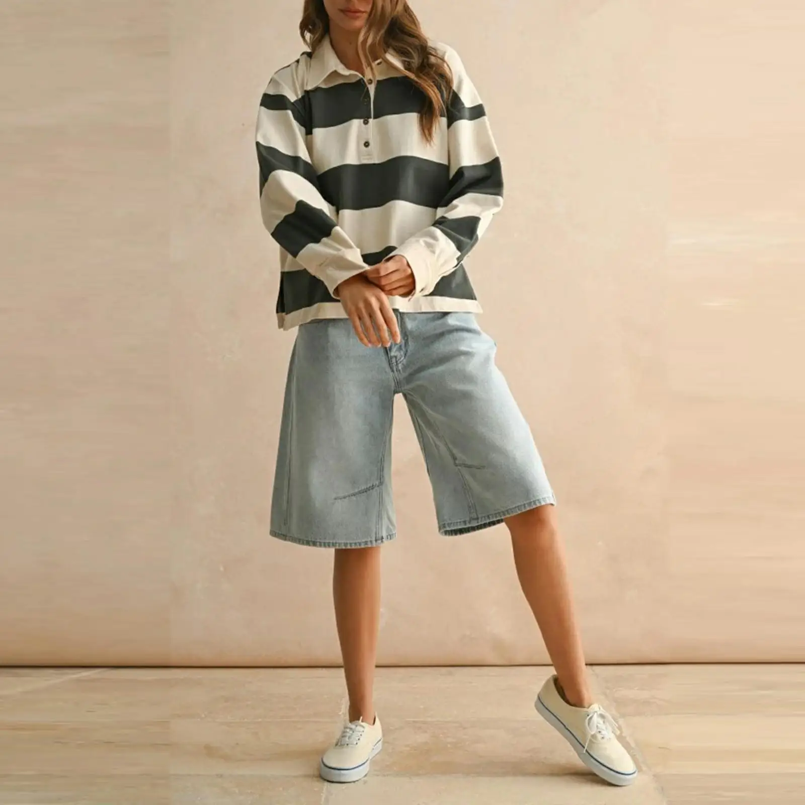 

Combhasaki женская полосатая футболка с цветными блоками, повседневная свободная футболка с воротником на пуговицах и длинными рукавами, пуловер Y2k, модный уличный топ