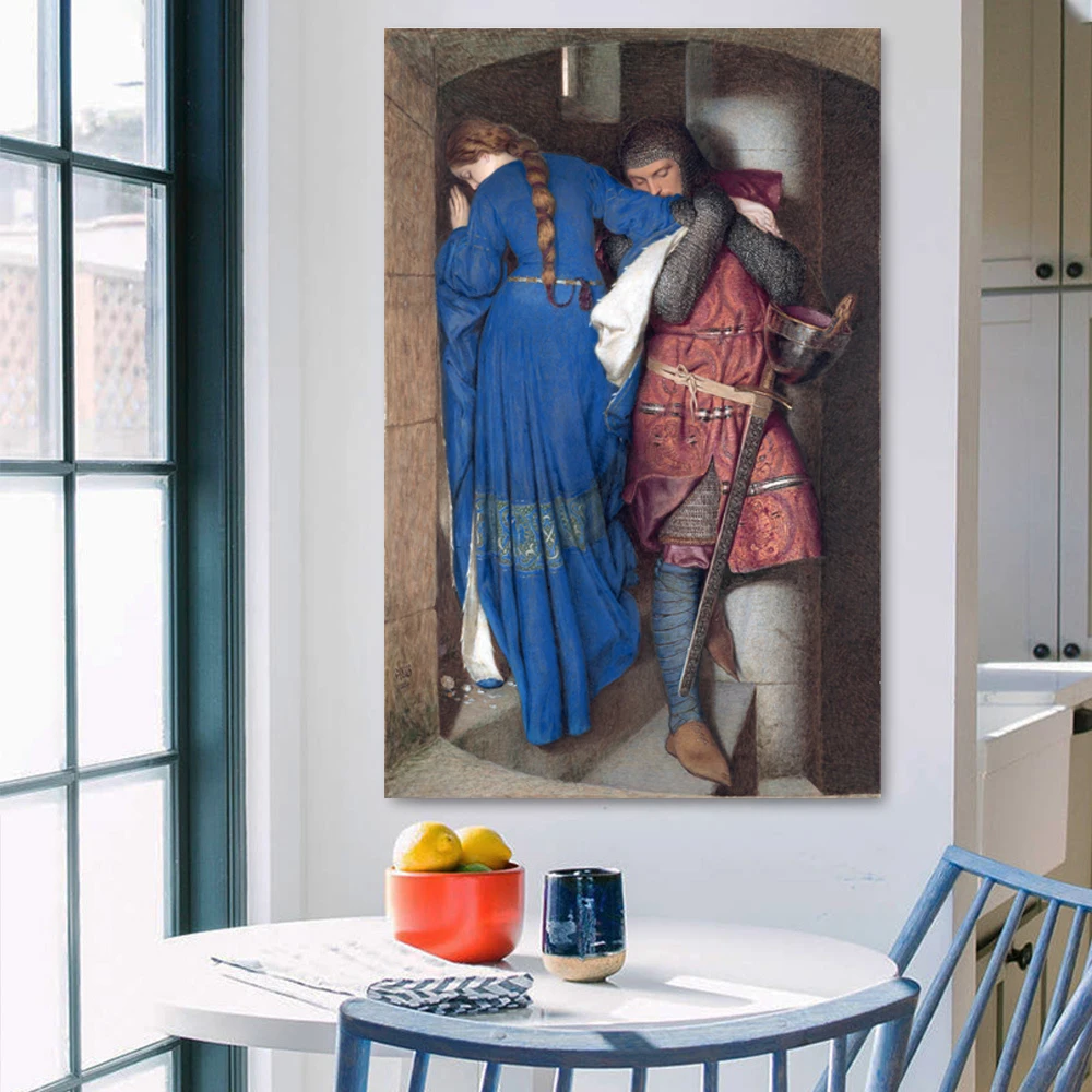 The Meeting on The Turret Stairs Canvas Painting By Frederic William Burton Poster Love Story Hellelil and Hildebrand Wall Art