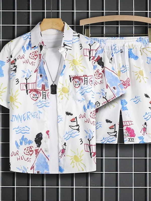 

Повседневный комплект irt orts с гавайским принтом для мужчин, летний комплект fiti Loose ort Sve Beach Sle, наряд для пар, длина пять четвертей