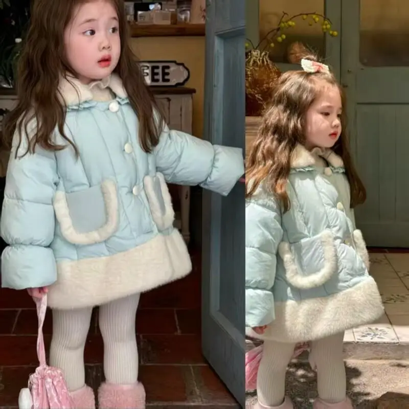 معطف قطني للفتيات الصغيرات للخريف والشتاء دافئ بلون سادة كوري كاجوال للأطفال ناعم وسميك مبطن ملابس خارجية متعددة الاستخدامات
