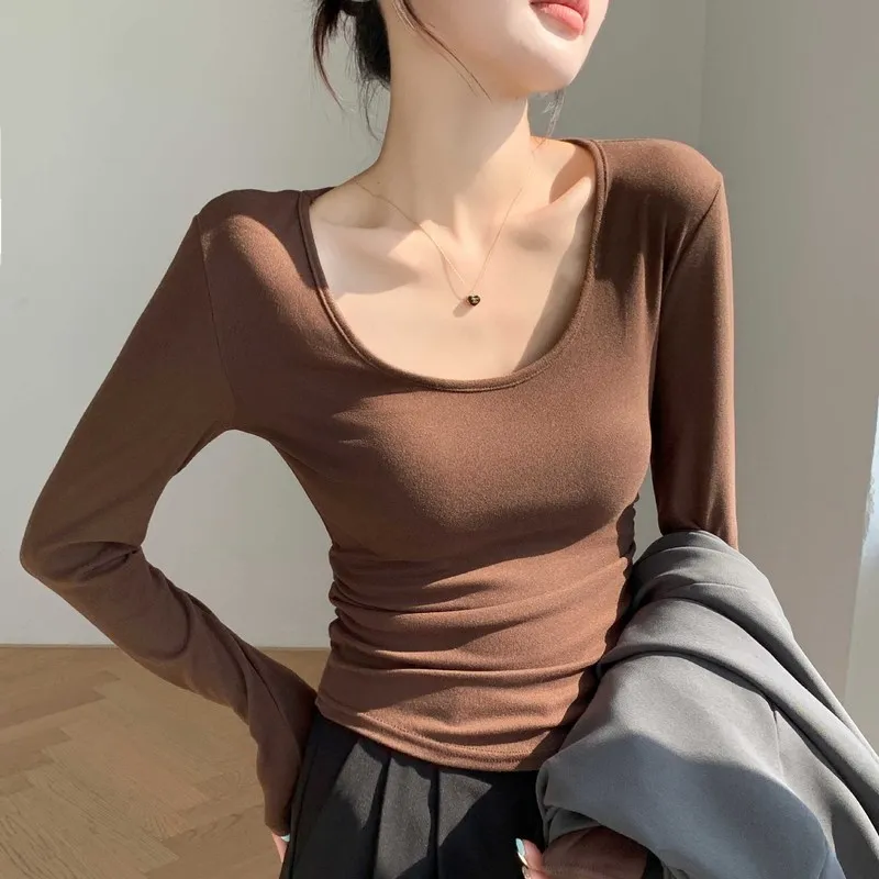 Women Soft Fleece Lined Long Sleeve Turtleneck Shaper Tee Casual Knit Top with Ruched Waist and Cinched Detail for Autumn