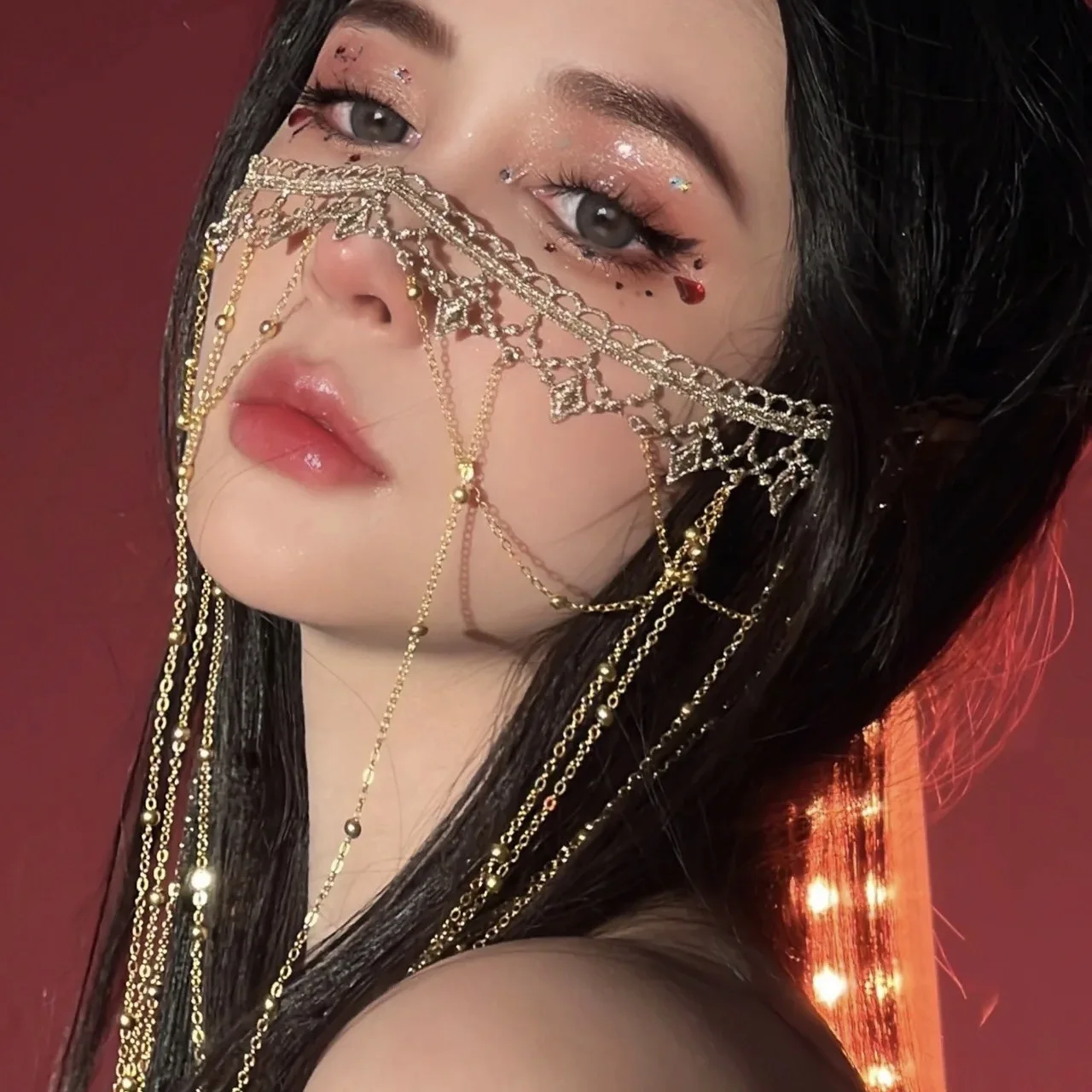 Fashion Retro Golden Tassel Face Curtain Veil Women Carnival Dance Party Mask Headwear Chinese Hanfu Photo Jewelry Accessories