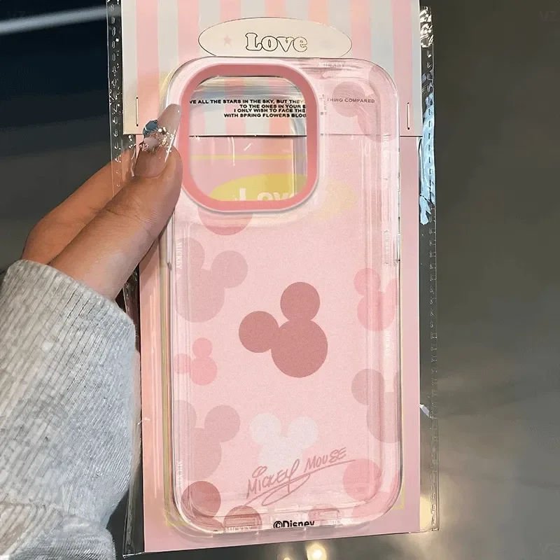 Mickey Minnie Disneys Pink Bow Clear Space Phone Case For iPhone 11 12 13 14 15 16 Pro Max Mini X Xs XR 8 plus Transparent Cover