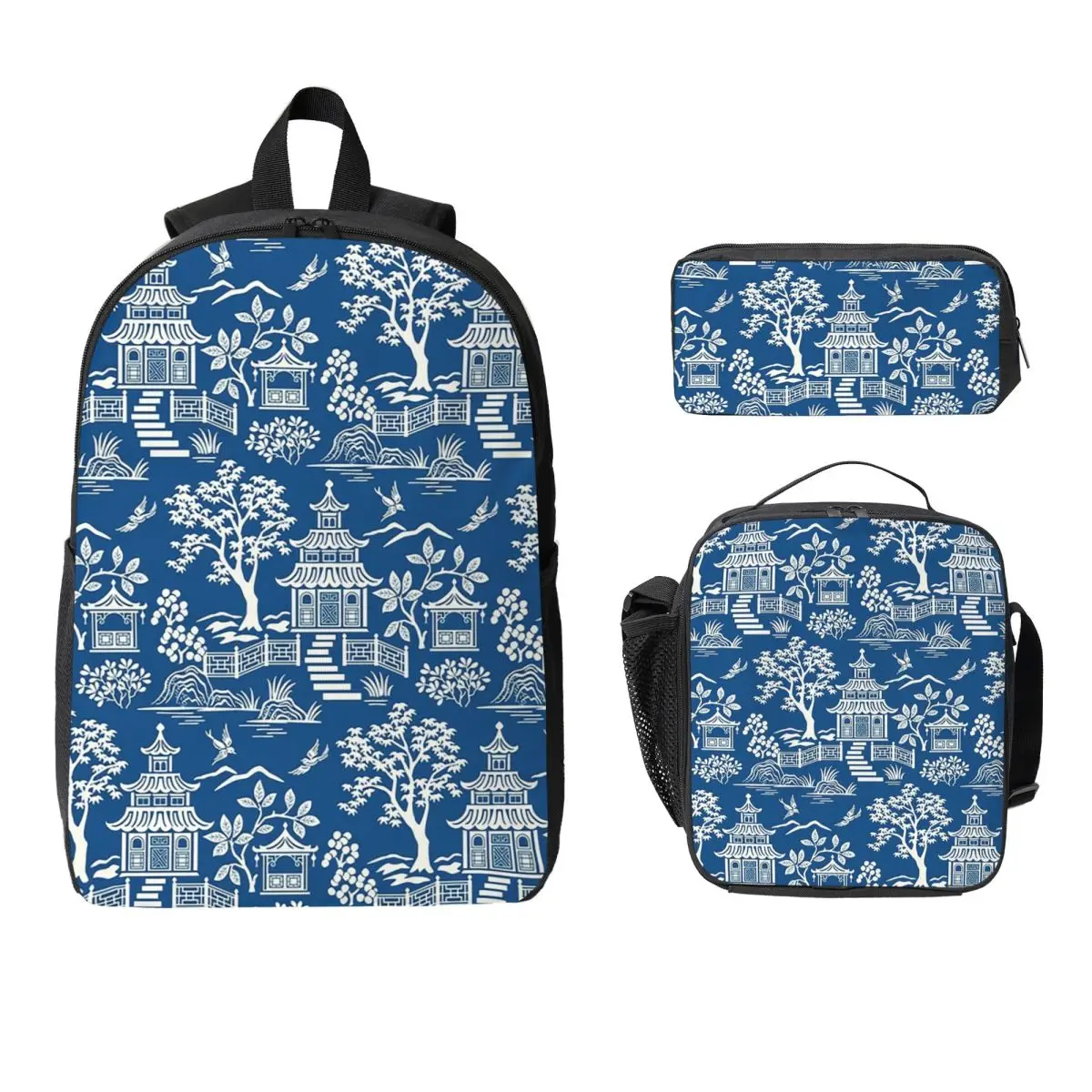 Chinoiserie Pagoda Dark Blue Backpack Boys Girls BookBag School Bag Laptop Shoulder Bags 3ps Insulated Lunch Bag Pencil Case