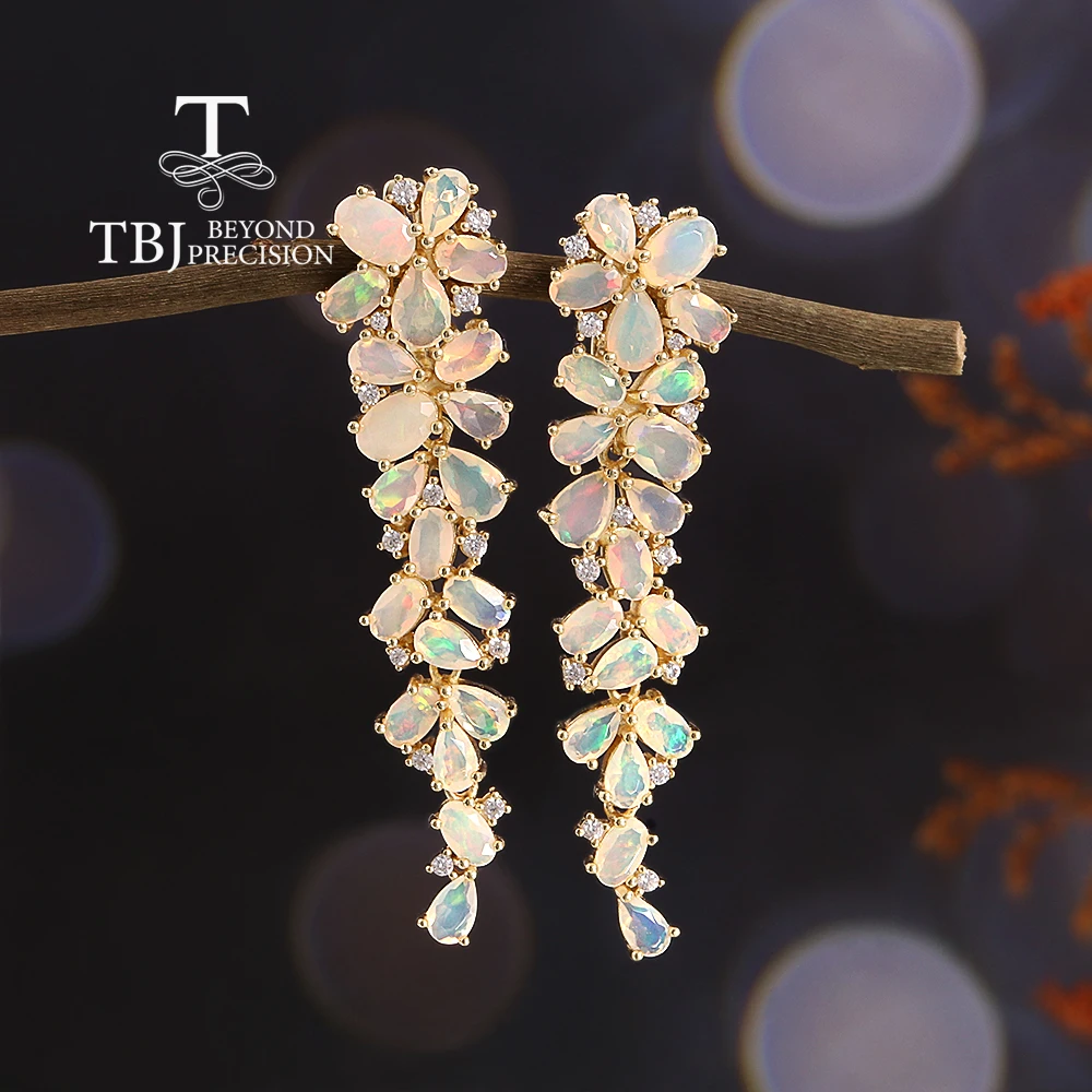TBJ,Luxury Long party women's earrings Natural Ethiopia Opal Leaf shape design 925 sterling silver fine jewelry for banquet wear