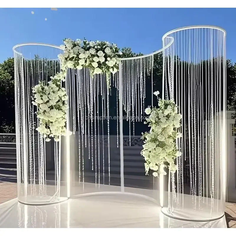 Curved Iron Metal Wedding Arch Stand With LED Light Crystal Bead String White Artificial Flower Wedding Stage Backdrop Decor