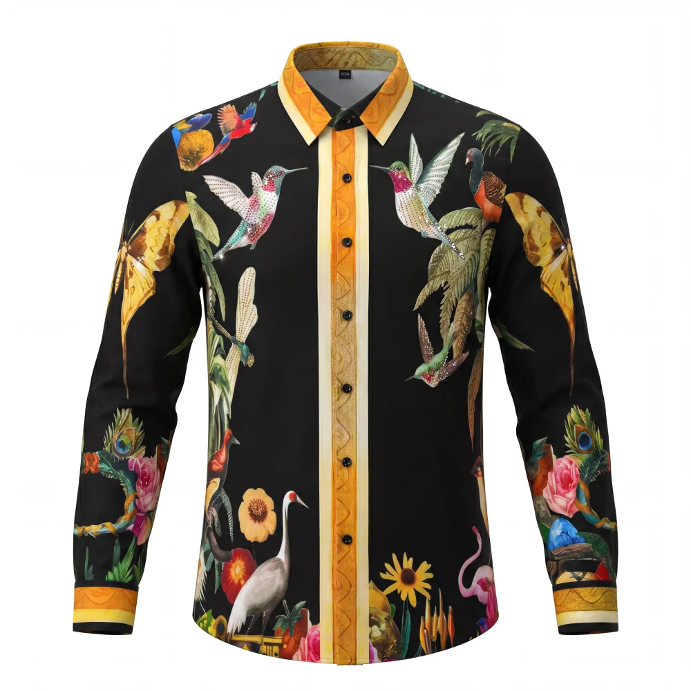Brand Luxury Long Sleeved Shirt for Men Floral Rhinestone Casual Business Dress Shirts Party Banquet Social Men's Clothing M-5XL