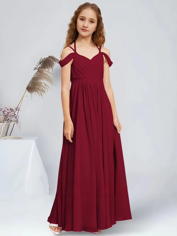 فساتين شيفون للأطفال الصغار بطول الأرض على شكل حرف a فساتين فتاة الزهور الساحرة للحفلات بكتف بارد فساتين وصيفة العروس لحفلات الزفاف وأحمر الخدود #4