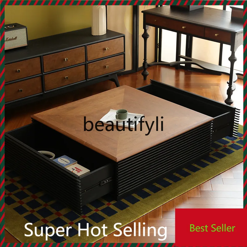 

Vintage Style Solid Wood Coffee Table for Home Living Room Ash Wood Black Inlay Creative Simple Floor Coffee Table G1218