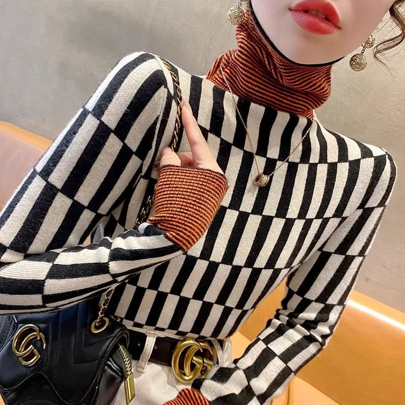 

Women Clothing Vintage Commute Pullovers Autumn Winter Fashion Plaid Turtleneck Sweaters Comfortable Elastic Slim Wool Knitwear