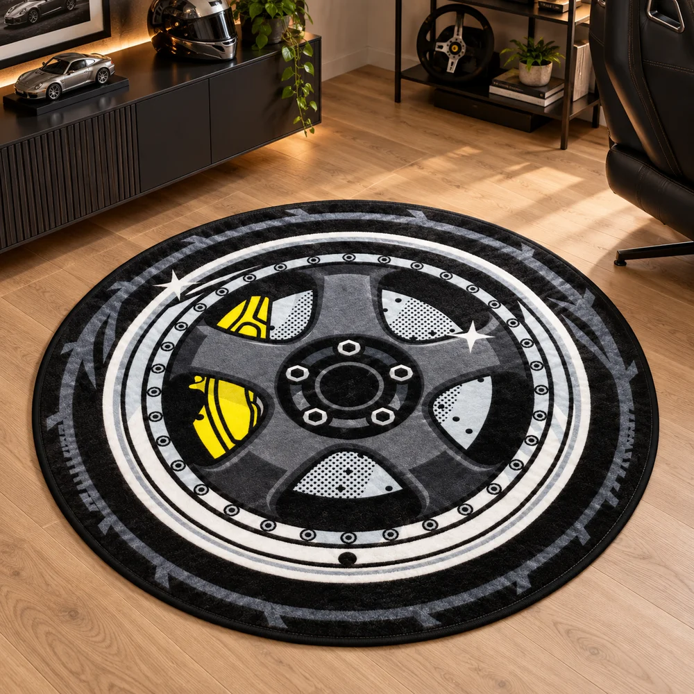 Black Car Wheel Shaped Flannel Rug, Tire Car Enthusiast Floor Mat for Garage Lounge, Game Room and Bedroom Decor, Auto Accent