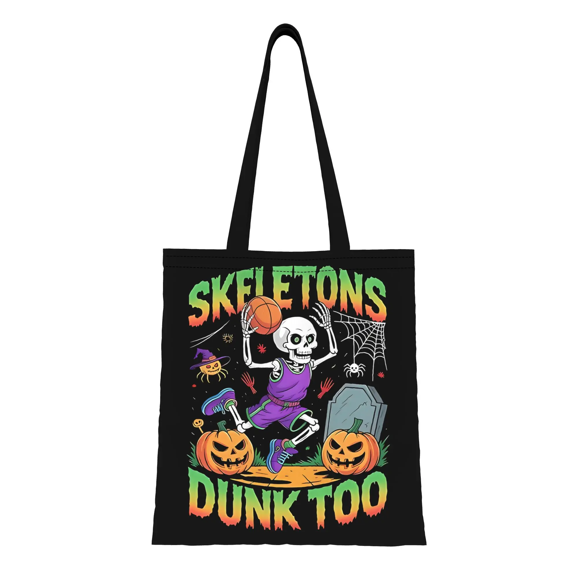Skeletons Dunk Too Pumpkin Basketball Halloween canvas tote bag,  urban style for daily shopping and casual outings