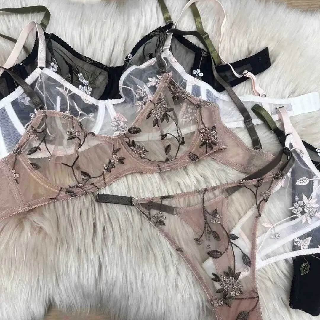 BANERDANNI Conjunto de sujetador de malla transparente popular, sujetador minimizador push-up antideslizante con bordado de encaje transparente para mujeres con busto grande