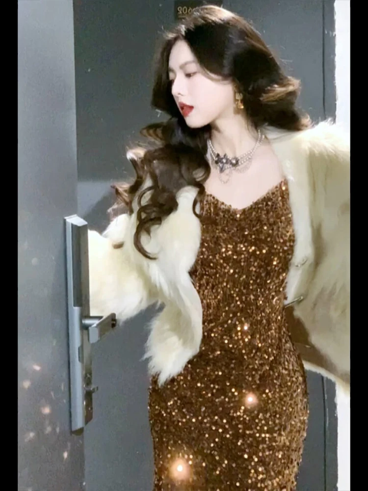 

Gold Sequin Velvet ter Dr Women's Engagement Birthday Ele Long Sve High Waist Slim Fit Gown for Par Wedding An...