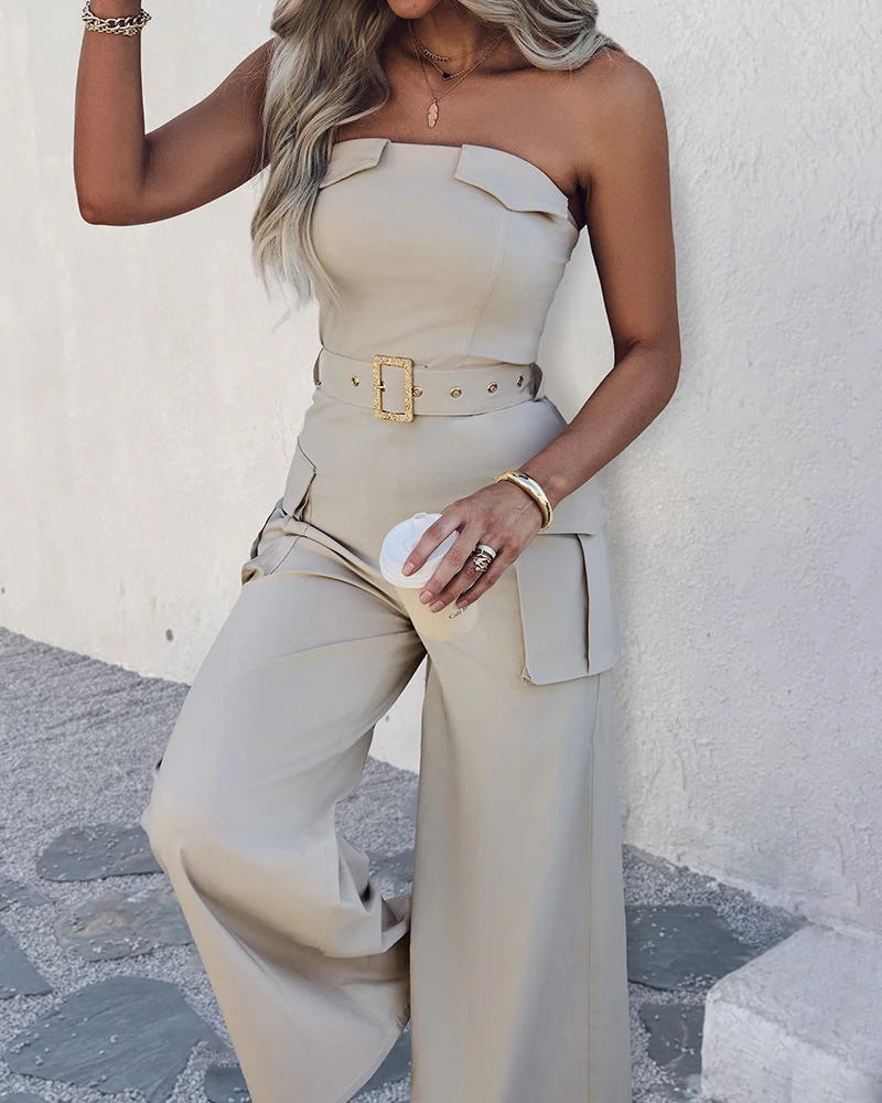 Jumpsuit Dames 2025, lente nieuwe off-the-shoulder mouwloze hoge taille, casual wijde pijpen jumpsuit met zakken en taille met riem