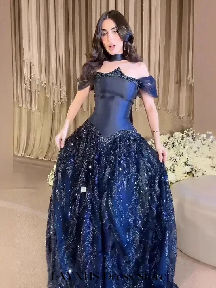 فساتين سهرة عصرية باللون الأزرق الداكن من LAYXHS مكشوفة الكتف على شكل حرف a مزينة بالخرز فساتين حفلات رسمية مخصصة من Fساتين سهلة