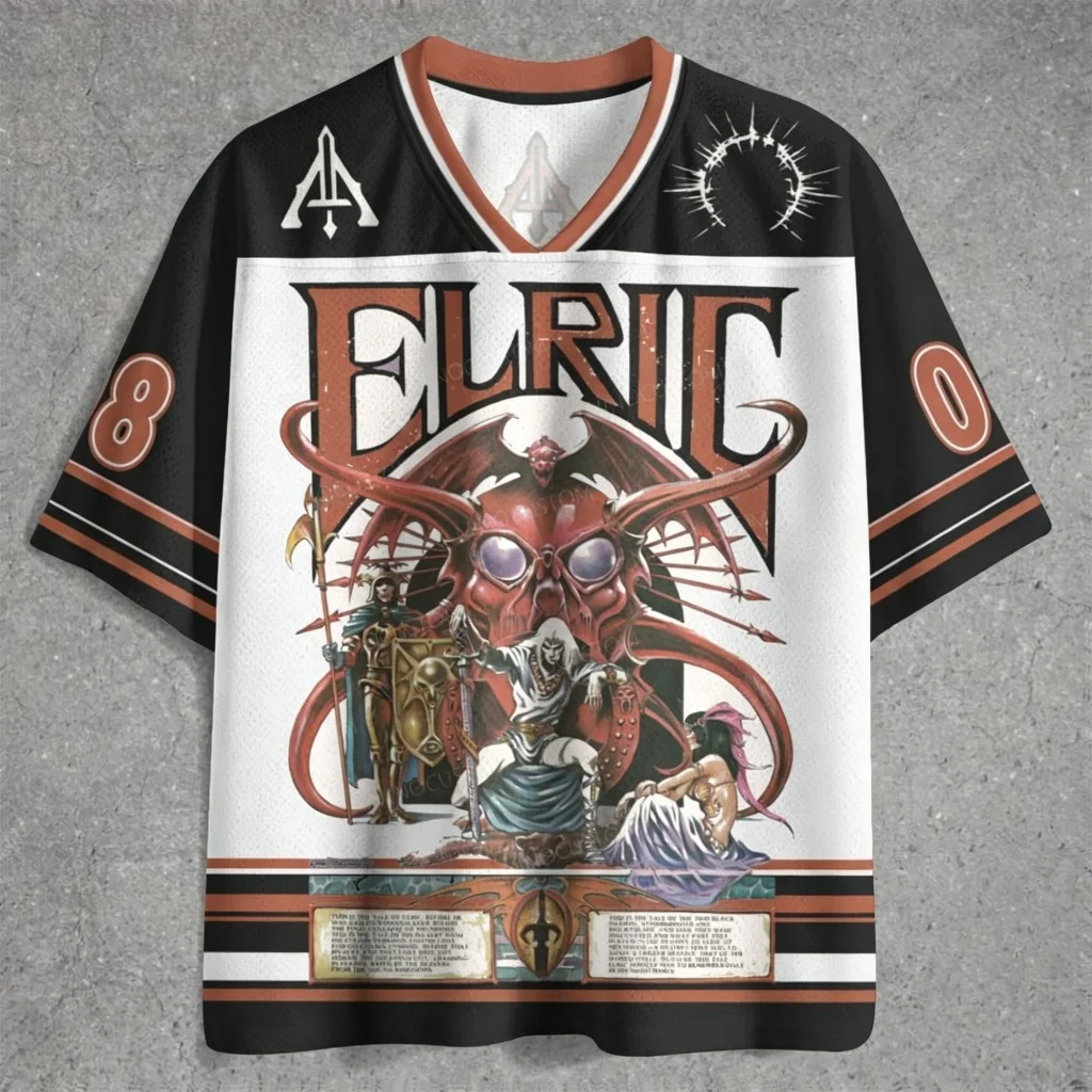 Vintage Dark Fantasy Elric Demon Knight Print V Neck Hockey Jersey Unisex Short Sleeve Breathable Mesh Street Athletic Top