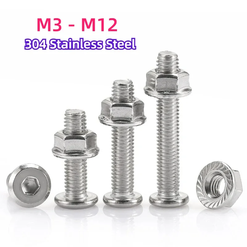 M3 M4 M5 M6 M8 M10 M12 304 Stainless Steel Flat Head Chamfered Screw Hexagon Socket Bolt Flange Nuts Set Furniture Screw