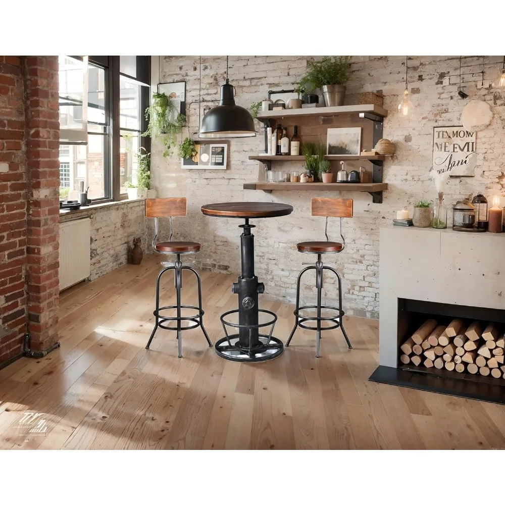3-delige bartafel (38,6"-48,4") en 2 rugleuningkrukken (26"-32") set voor pubkeuken eetkamer woonfeest bistro ontbijt, draaibaar blad