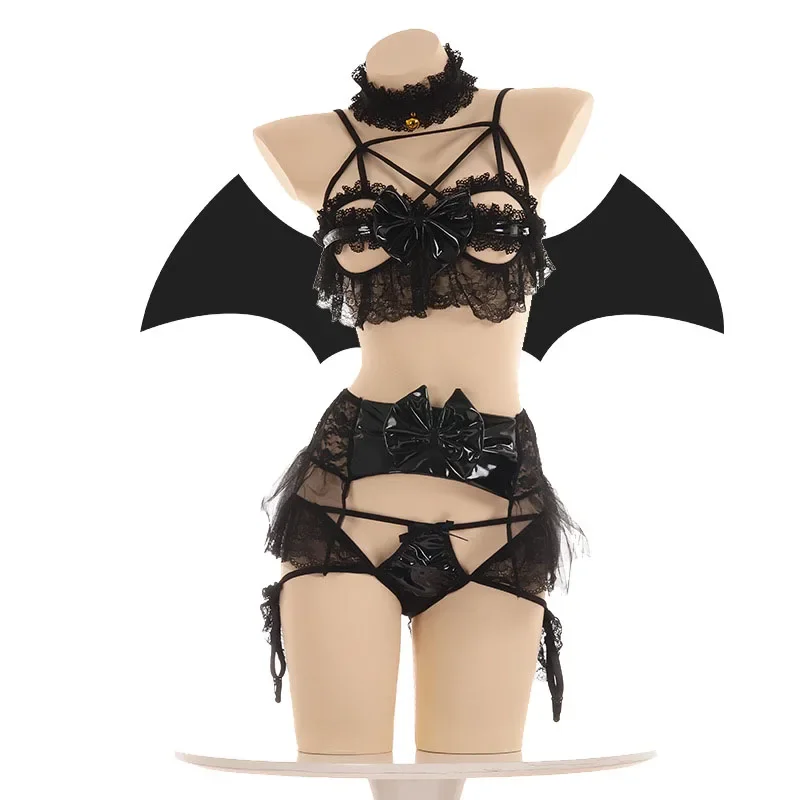 

Sexy lace bat lingerie PU leather little demon women devil cosplay bikini open cup bra set Lolita Anime wings exotic apparel