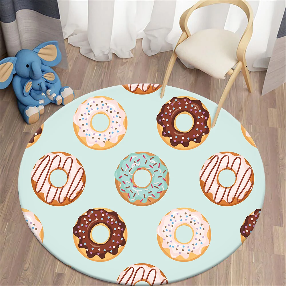 CLOOCL Round Carpet Cartoon Doughnuts Printing Mat Soft Comfortable Flannel Decoration Afternoon Tea Party Style Area Rug