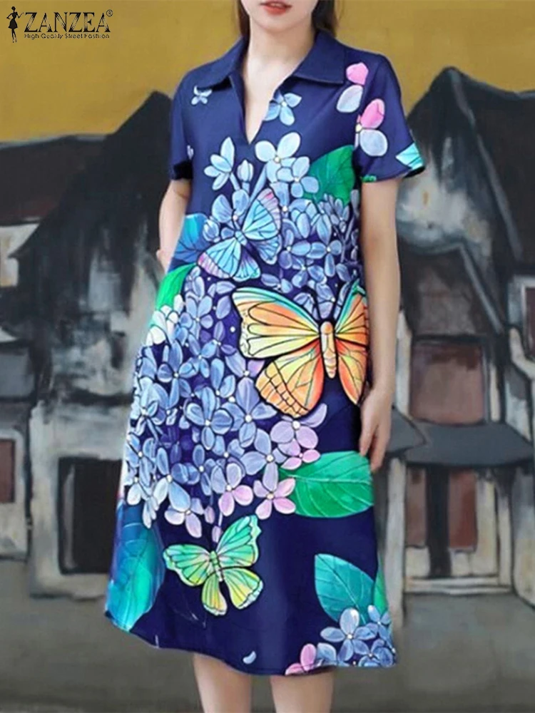 2023 ZANZEA Sommer Revers Kurzarm Urlaub Sommerkleid Gedruckt Kleid Retro Frauen Kleider mode Casual Arbeit Vestidos Robe Femme