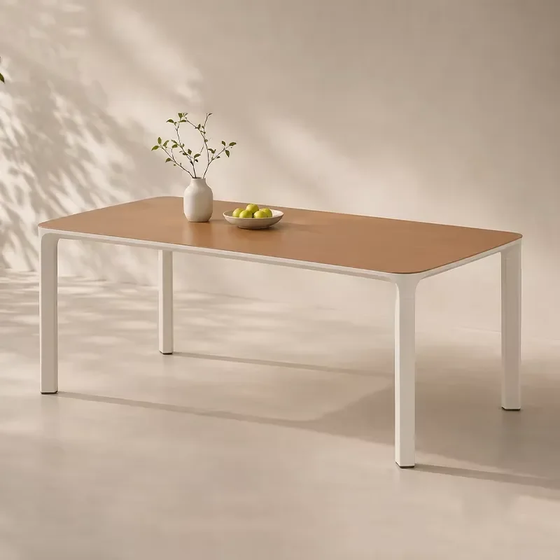Aluminium Outdoor Dining Table Modern Wood Grain Top Hot Pressed Terrace Garden Furniture for Hotel Restaurant Patio Decor