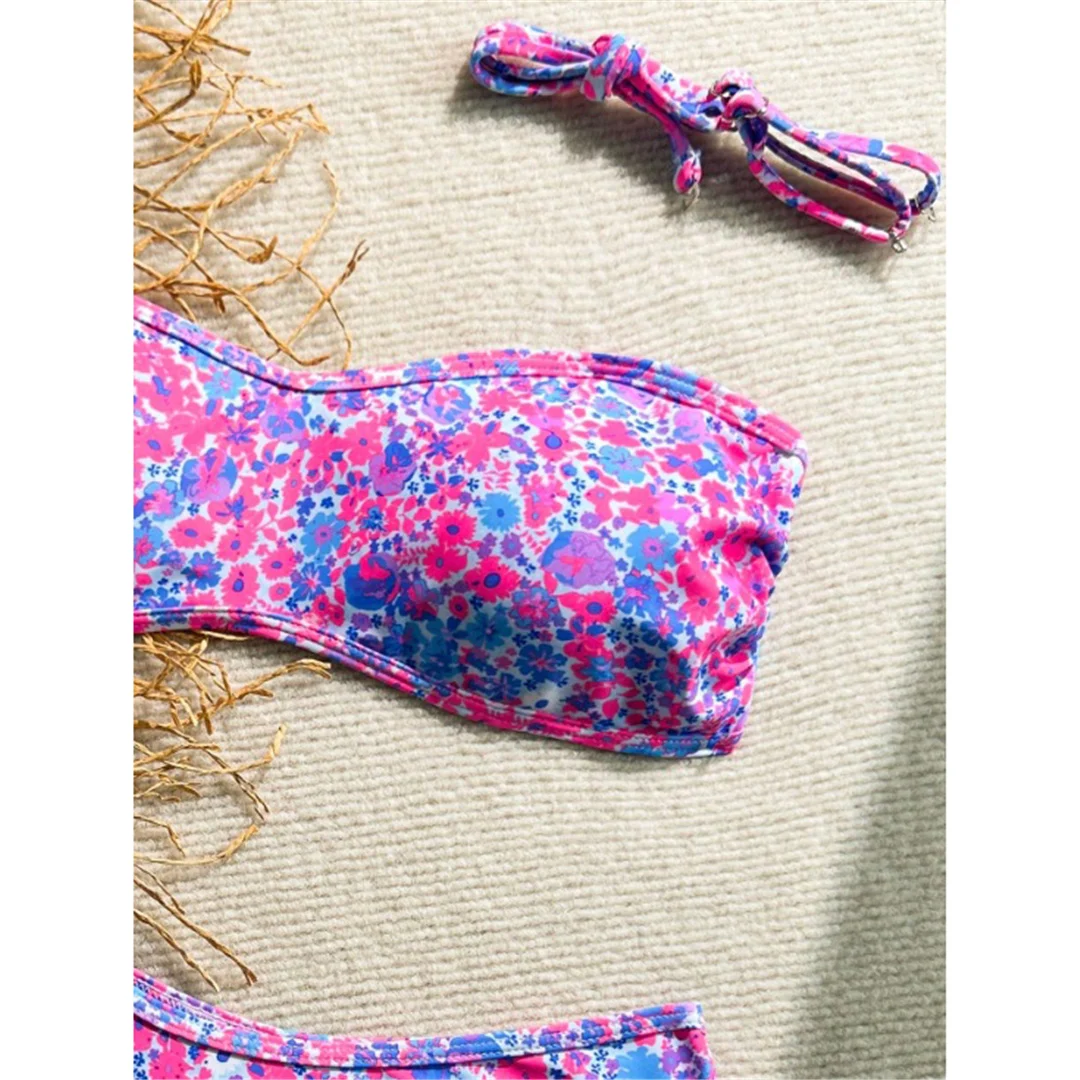 XS - XL Bedruckter Blumen-Bandeau-Bikini, Damen-Badeanzug, zweiteiliges Bikini-Set, Damen-Badebekleidung, Badeanzug, Badebekleidung, Schwimmbekleidung V693 – Detail 13